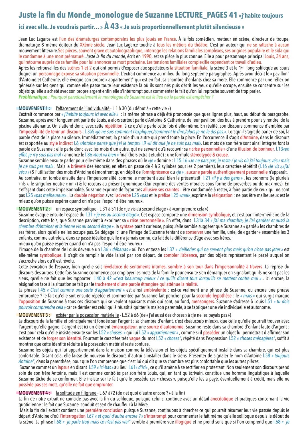 Juste la fin du Monde & ses oeuvres complémentaires
COMMENTAIRES LINÉAIRES
Def:
Soliloque : discours d'une personne qui se parle à elle-même