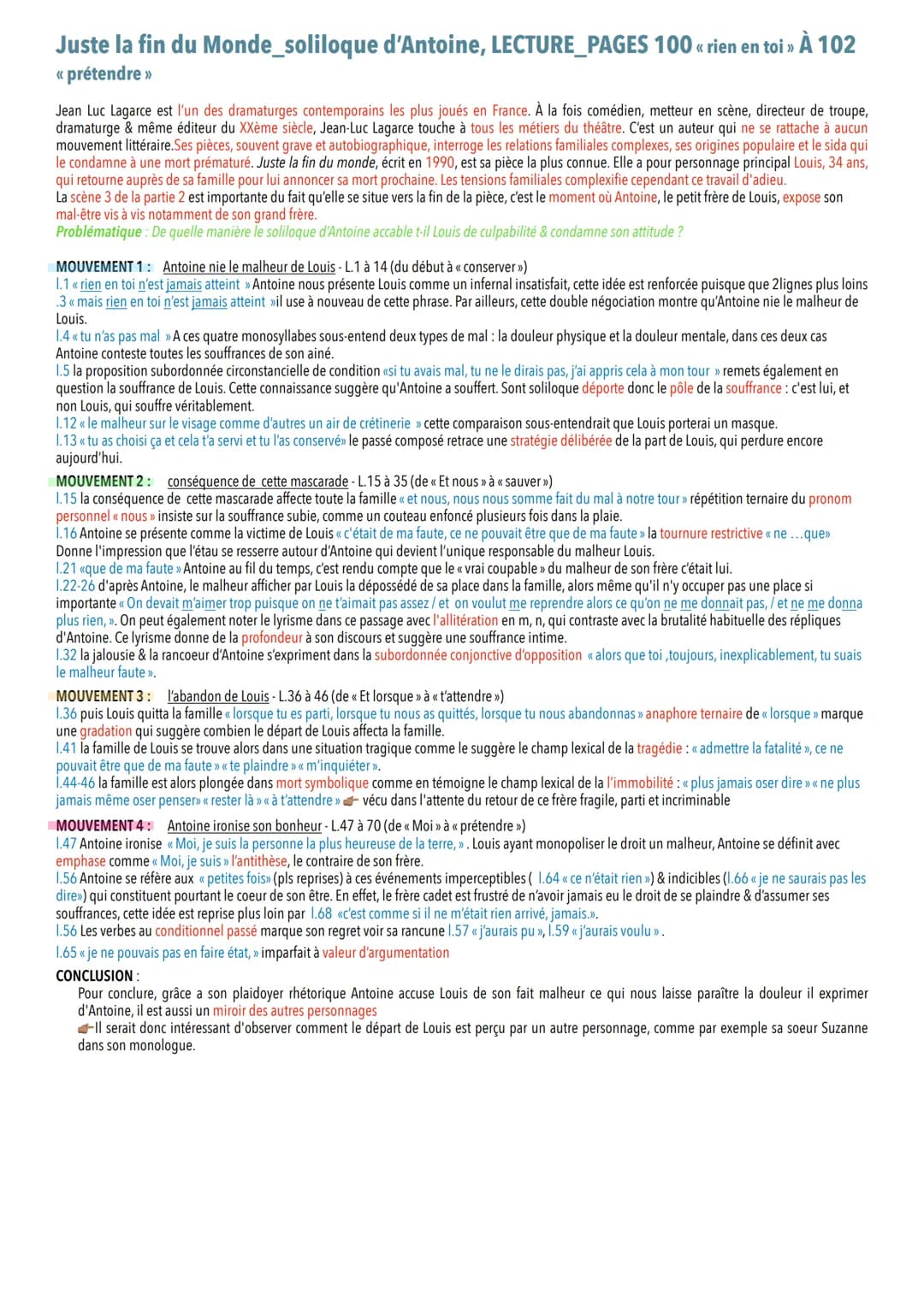 Juste la fin du Monde & ses oeuvres complémentaires
COMMENTAIRES LINÉAIRES
Def:
Soliloque : discours d'une personne qui se parle à elle-même