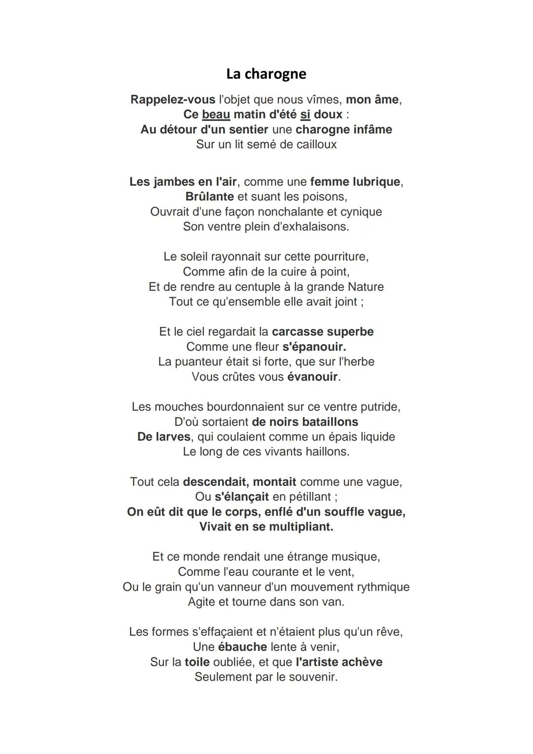 La charogne
Rappelez-vous l'objet que nous vîmes, mon âme,
Ce beau matin d'été si doux :
Au détour d'un sentier une charogne infâme
Sur un l