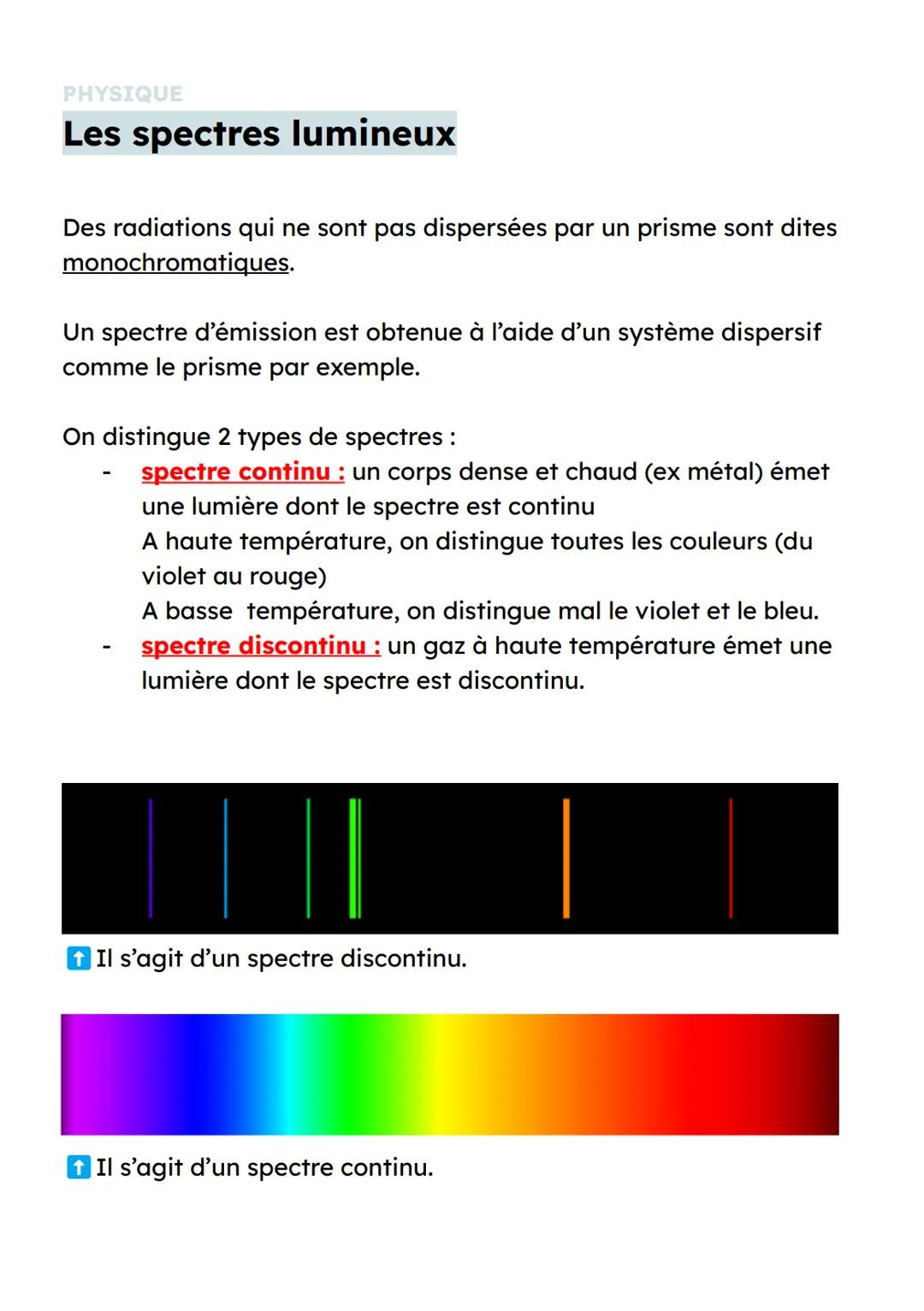 # PHYSIQUE

# Les spectres lumineux

Des radiations qui ne sont pas dispersées par un prisme sont dites
monochromatiques.

Un spectre d'émis