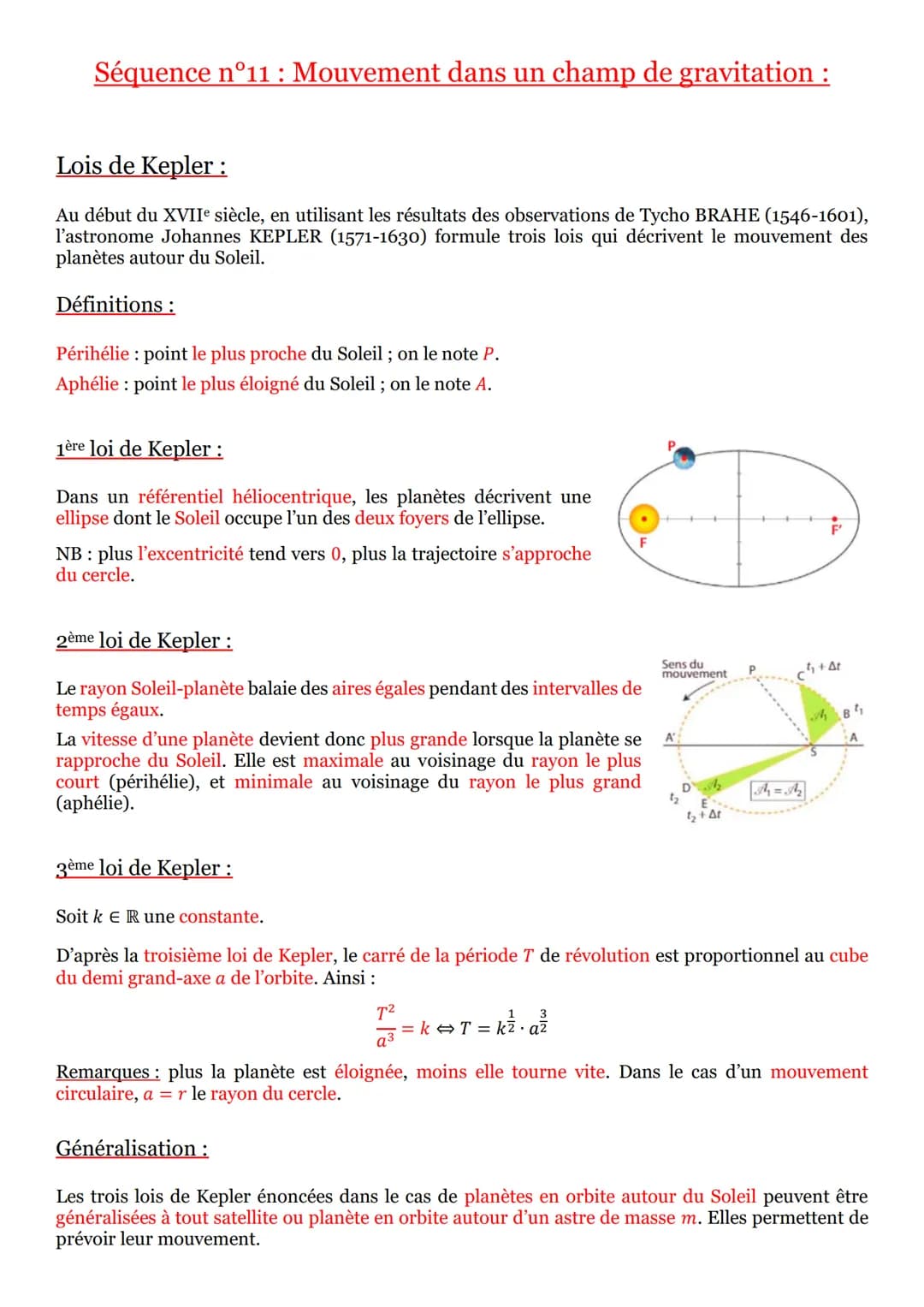 Séquence n°11 : Mouvement dans un champ de gravitation :
Lois de Kepler:
Au début du XVIIe siècle, en utilisant les résultats des observatio