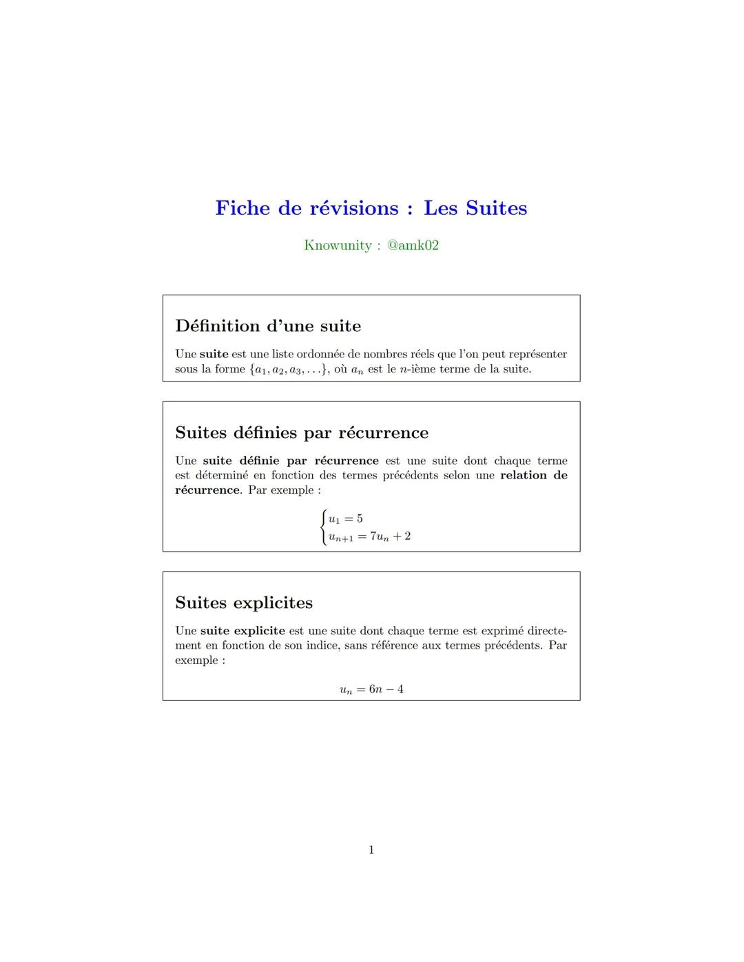 Fiche de r´evisions : Les Suites