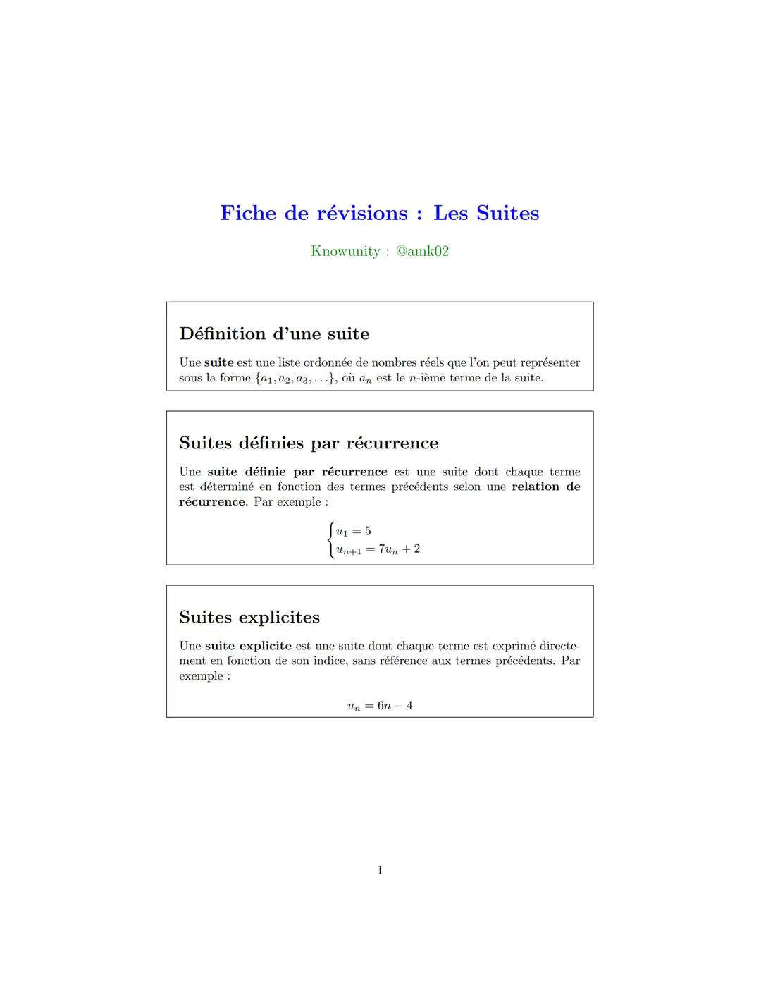 Fiche de révisions : Les Suites
Knowunity: @amk02
Définition d'une suite
Une suite est une liste ordonnée de nombres réels que l'on peut rep