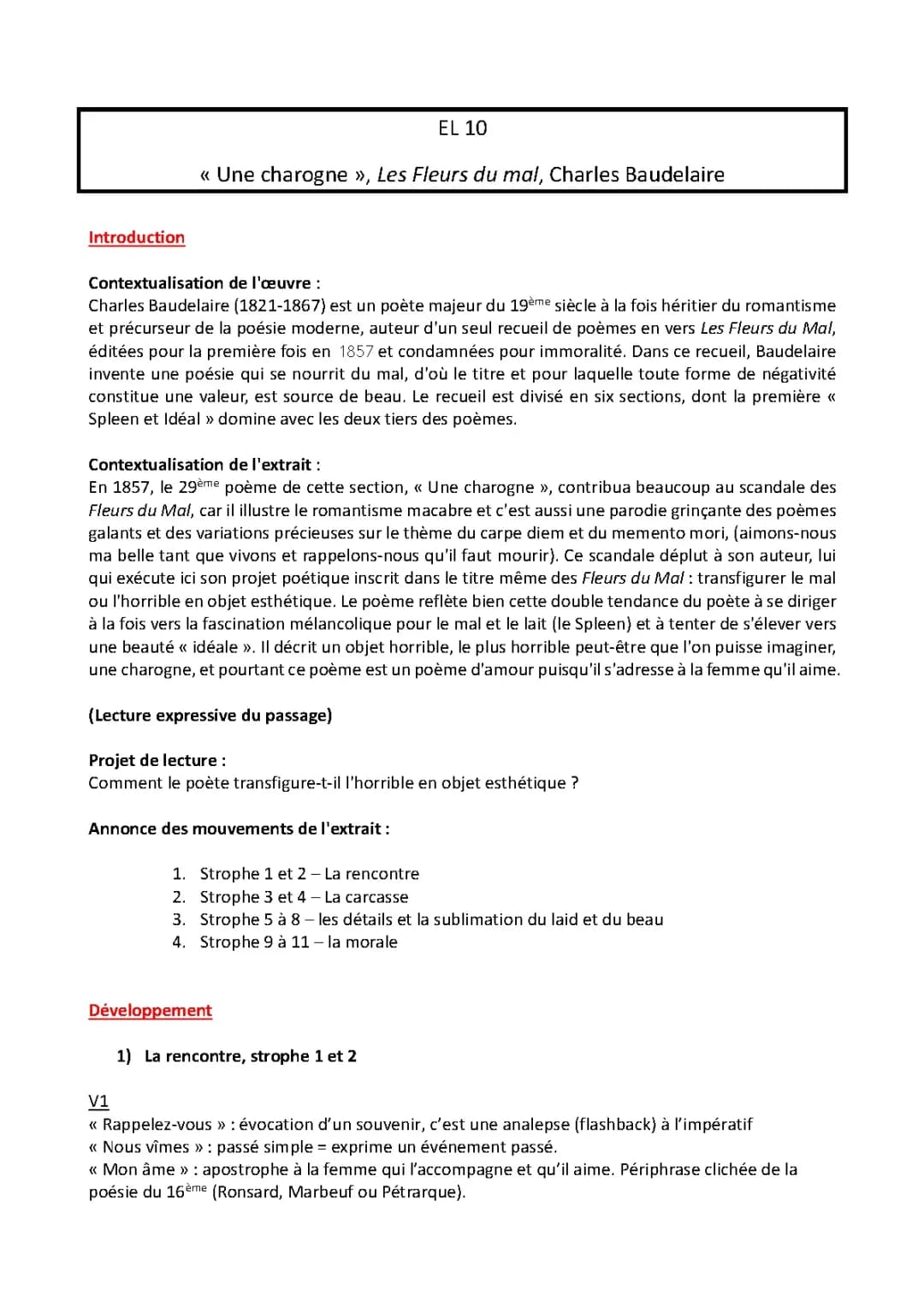 Explication linéaire "Une Charogne, Baudelaire"
