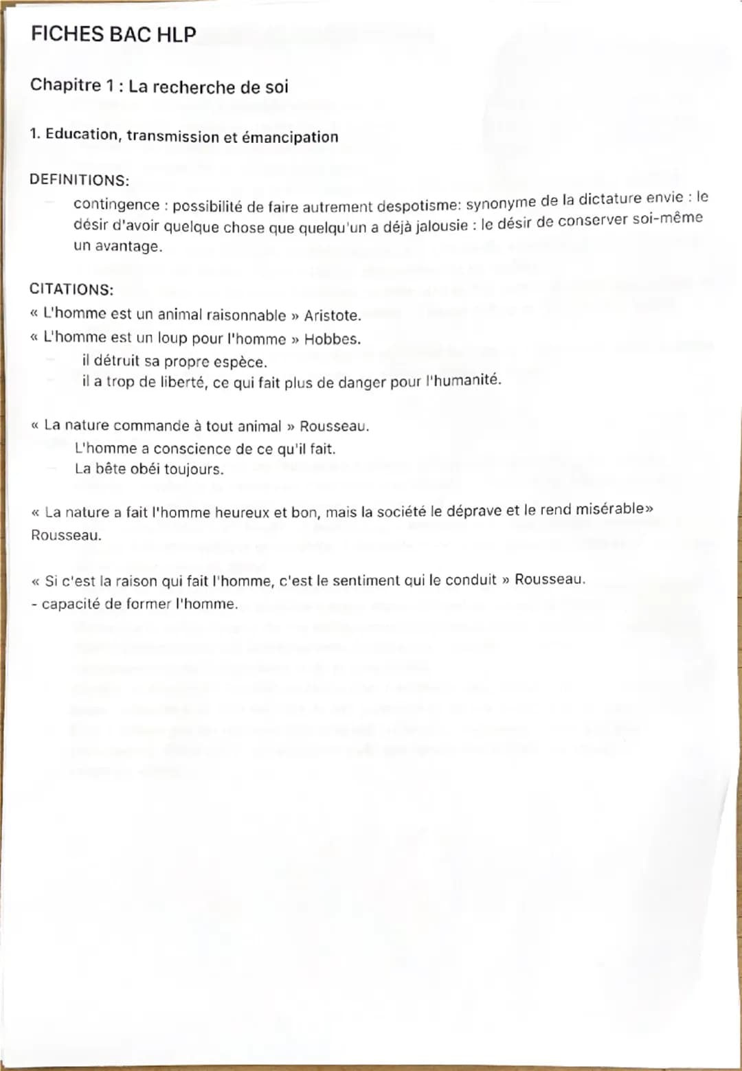 FICHES BAC HLP
Chapitre 1: La recherche de soi
1. Education, transmission et émancipation
DEFINITIONS:
contingence: possibilité de faire aut