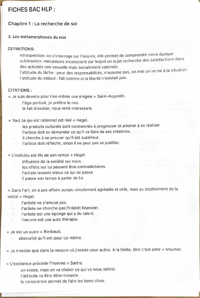 FICHES BAC HLP
Chapitre 1: La recherche de soi
1. Education, transmission et émancipation
DEFINITIONS:
contingence: possibilité de faire aut