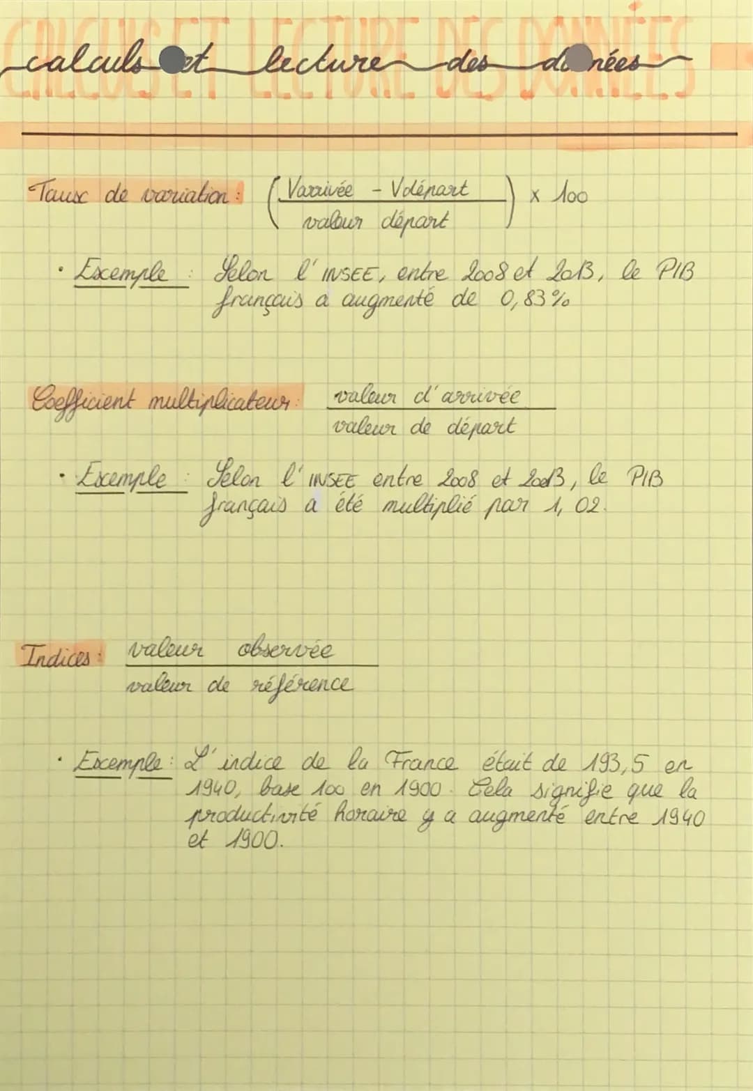 calculs et lecture des
lecture des
Taux de variation: (Varrivée - Volépart
valeur départ
Excemple
Coefficient multiplicateur valeur d'arrivé