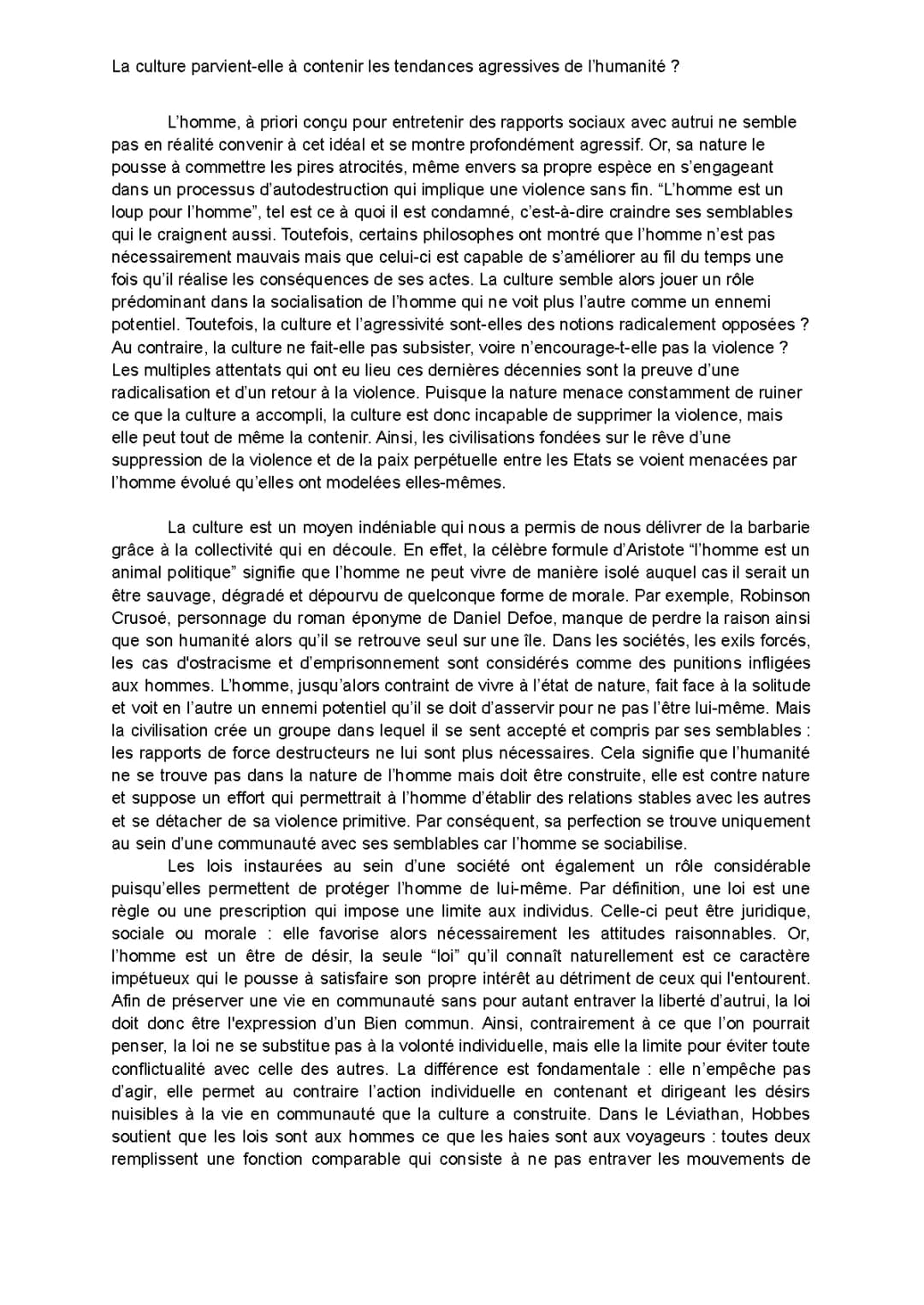 essai philosophique : La culture parvient-elle à contenir les tendances agressives de l'humanité ?