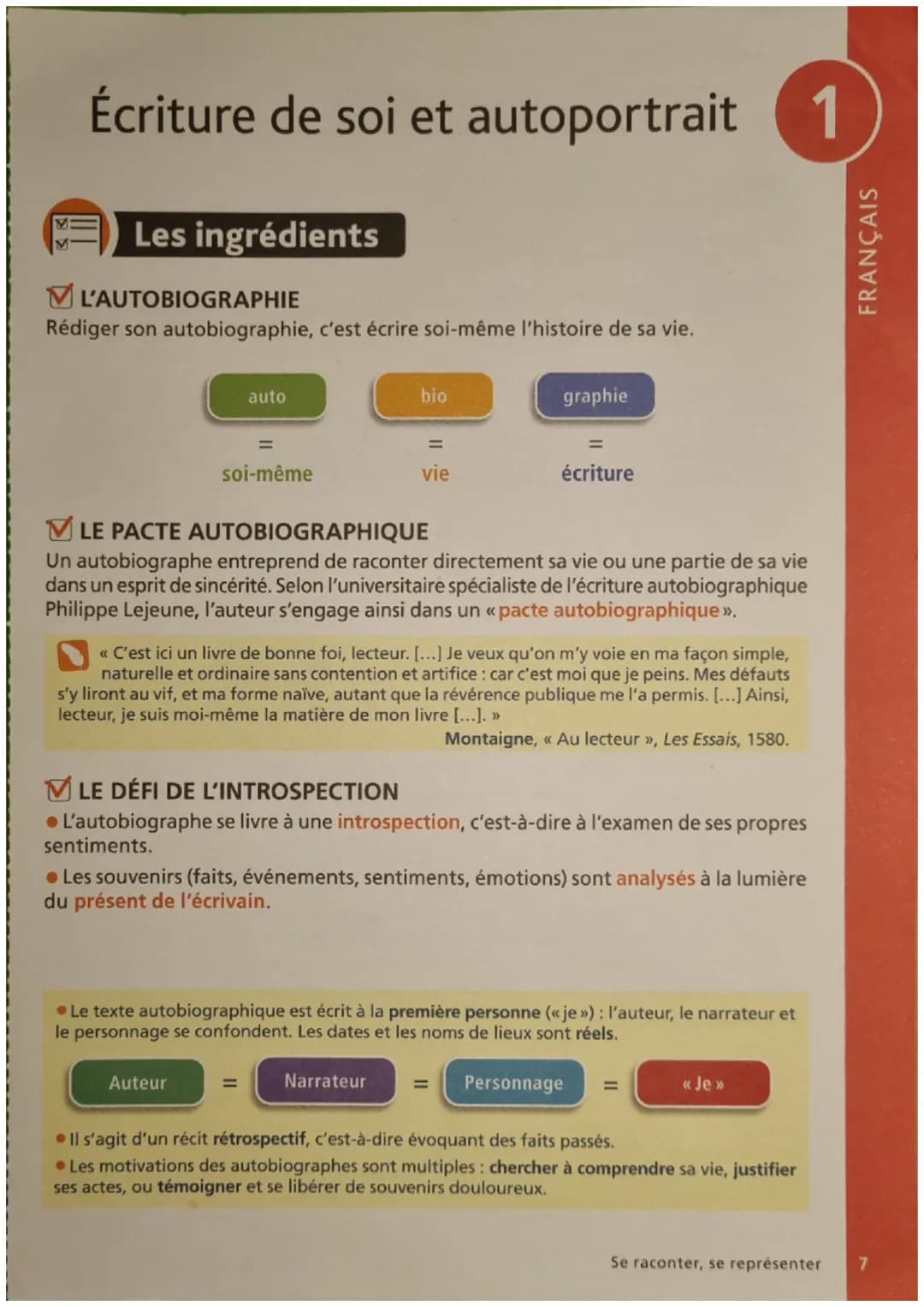 Écriture de soi et autoportrait 1
Les ingrédients
L'AUTOBIOGRAPHIE
Rédiger son autobiographie, c'est écrire soi-même l'histoire de sa vie.
a