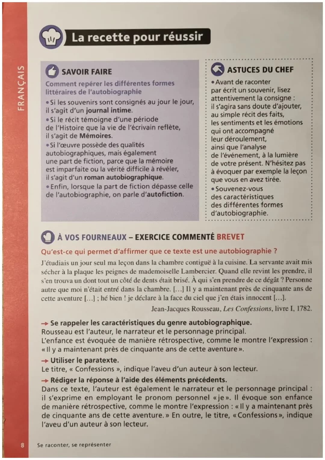 Écriture de soi et autoportrait 1
Les ingrédients
L'AUTOBIOGRAPHIE
Rédiger son autobiographie, c'est écrire soi-même l'histoire de sa vie.
a