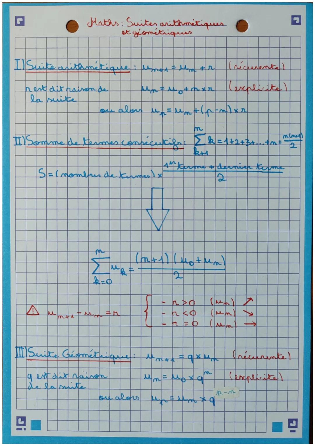 [Suite arithmétique : umot = "m
M₁₂ = 1₂ + mer
O
nest dit raison de
la suite
Maths: Suites arithmétiques
et géométriques
!G
#) Somme de term
