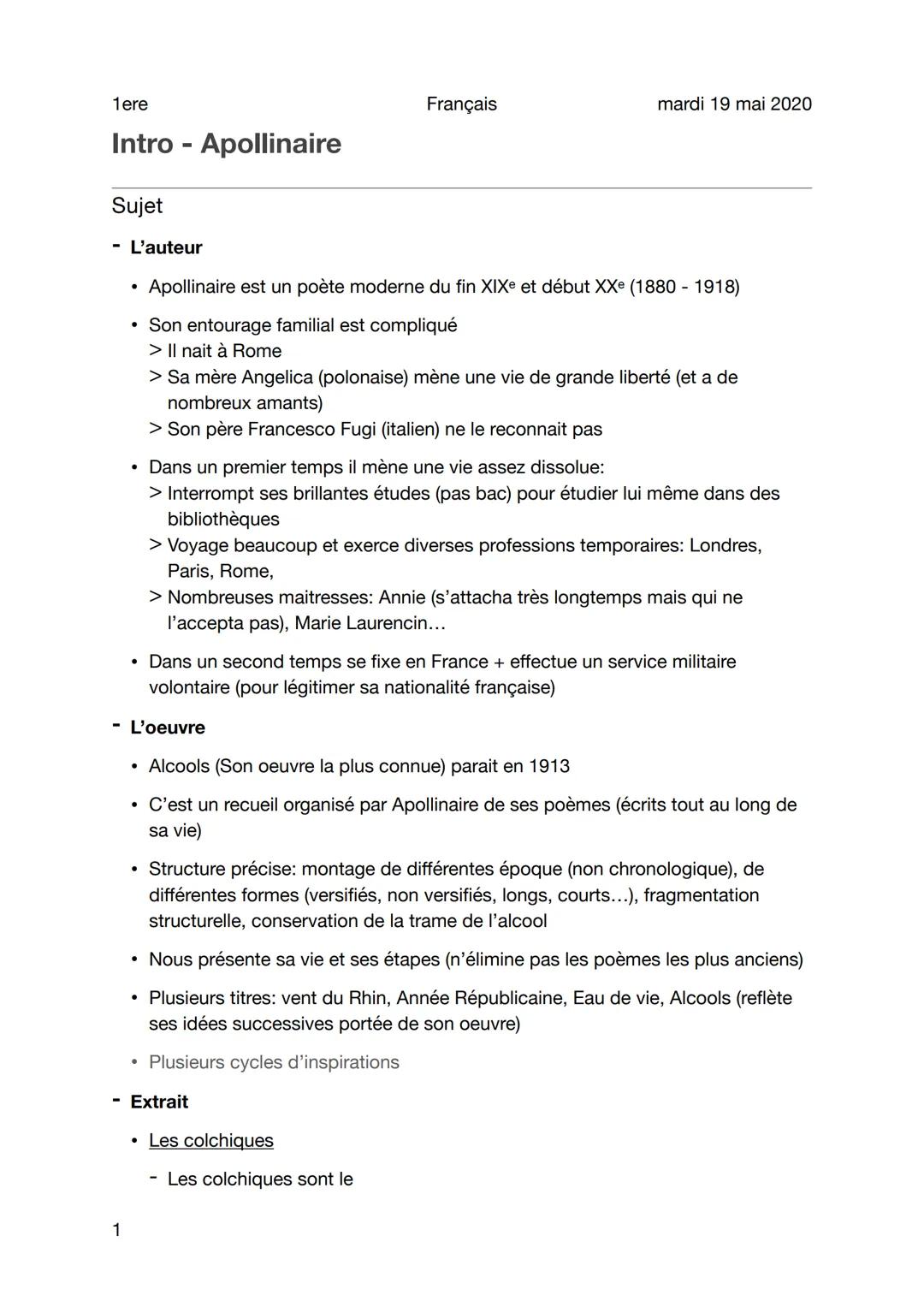 1ere

Français

mardi 19 mai 2020

Intro - Apollinaire

Sujet

- L'auteur

- Apollinaire est un poète moderne du fin XIXe et début XXe (1880