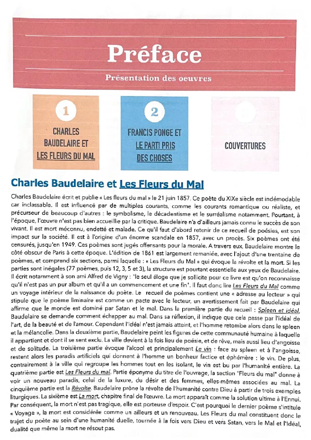 Baudelaire Les Fleurs du Mal/ Ponge Le parti pris des choses : introduction