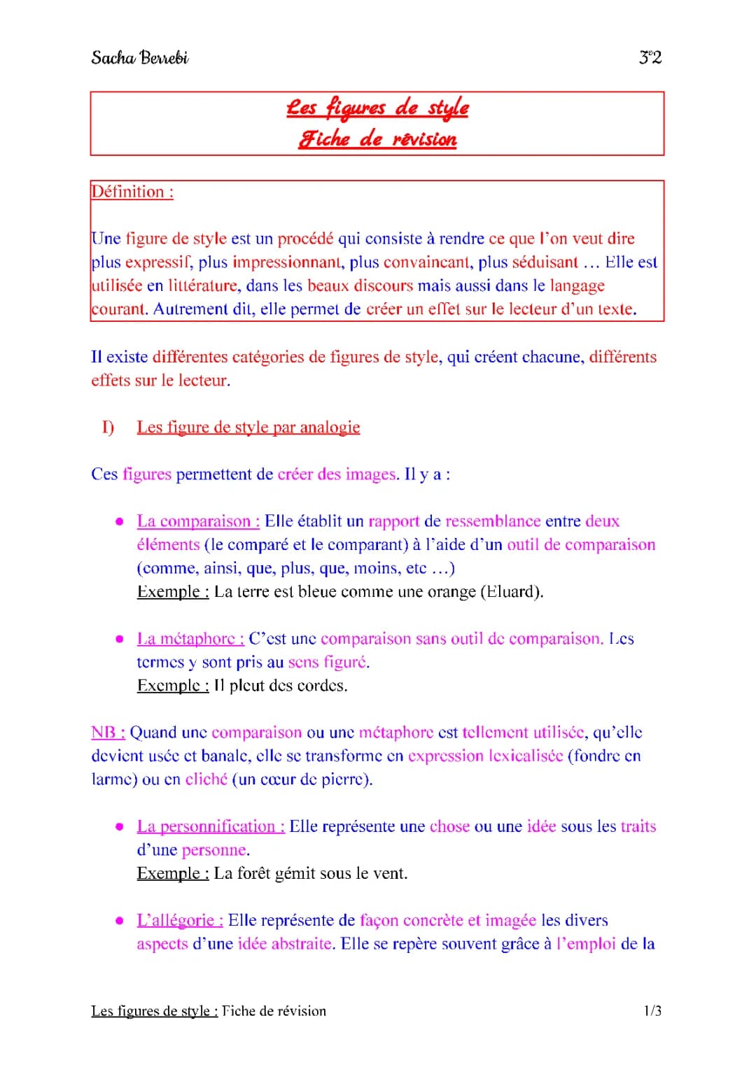 Figures de style 3ème - Exos Corrigés & PDF Facile