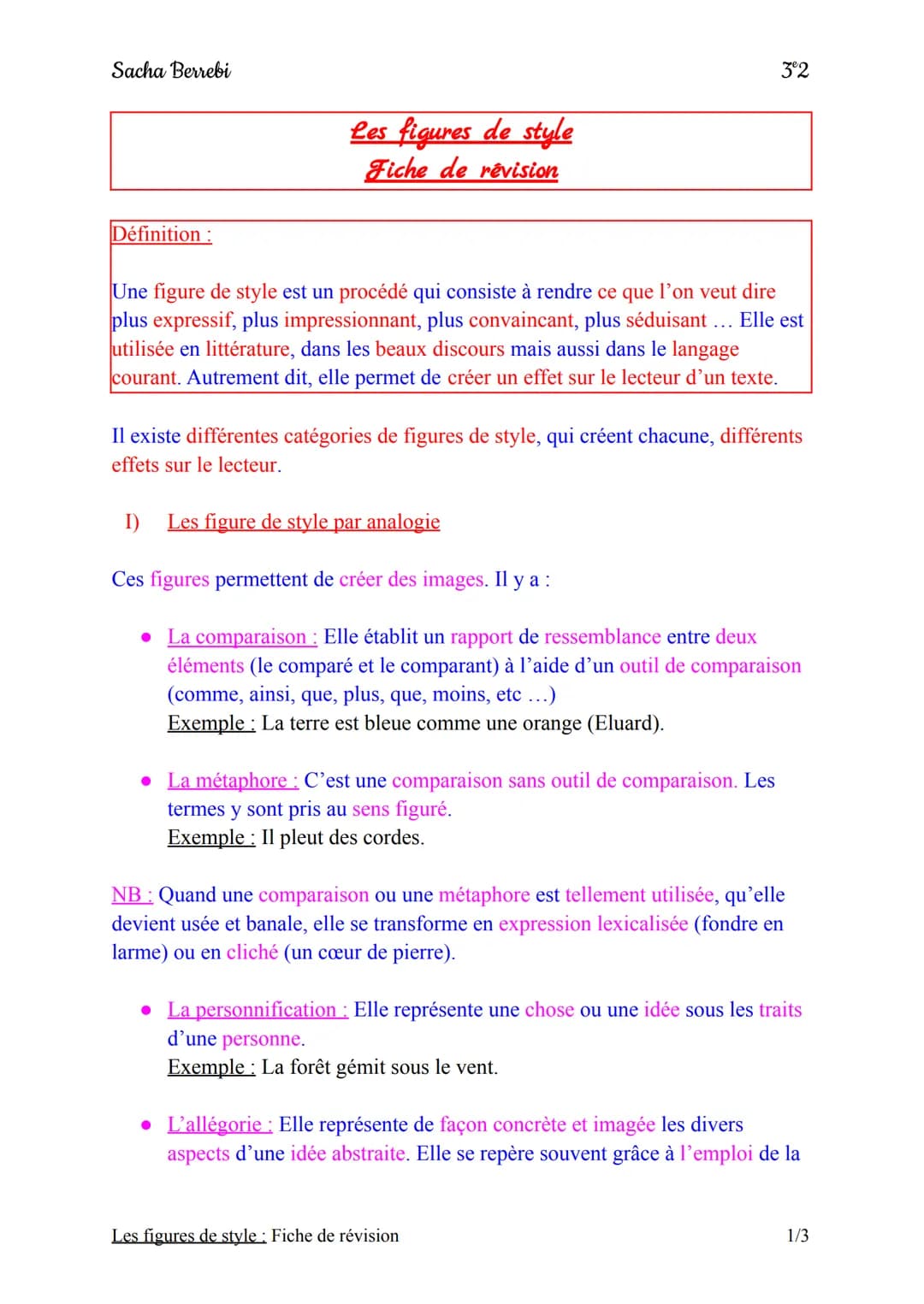 Sacha Berrebi
Définition:
Les figures de style
Fiche de révision
Une figure de style est un procédé qui consiste à rendre ce que l'on veut d