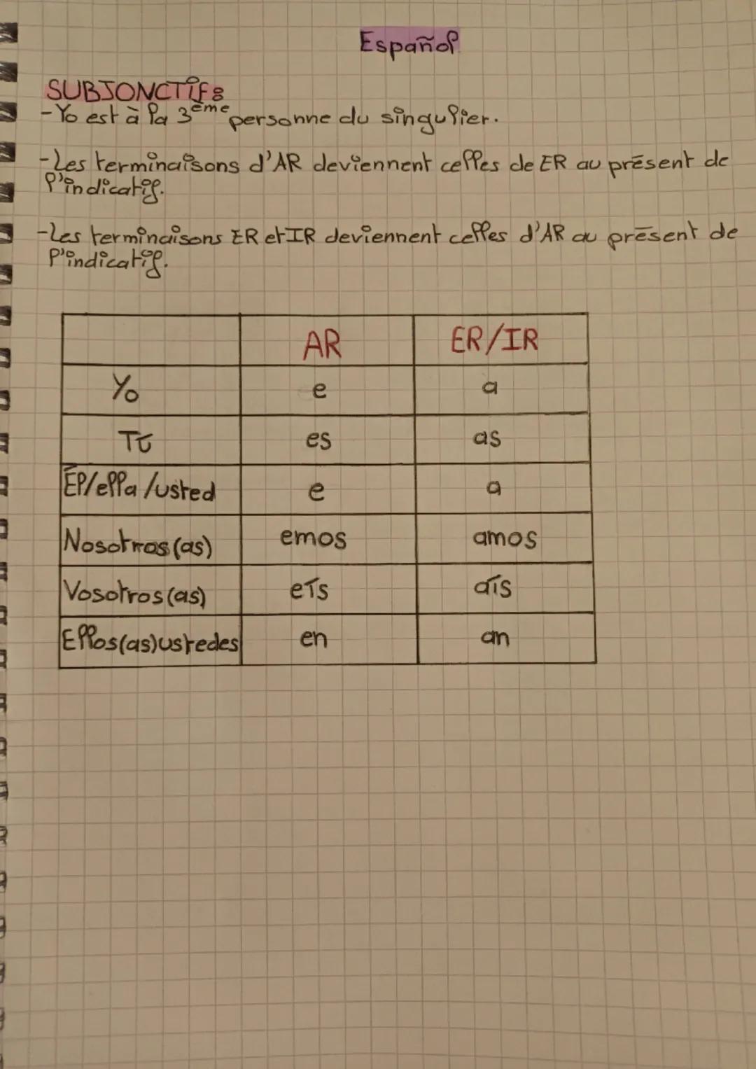 Español

SUBJONCTIF:
-Yo est à la zeme personne du singulier.
-Les terminaisons d'AR deviennent celles de ER au présent de
P'indicatig.
-Les
