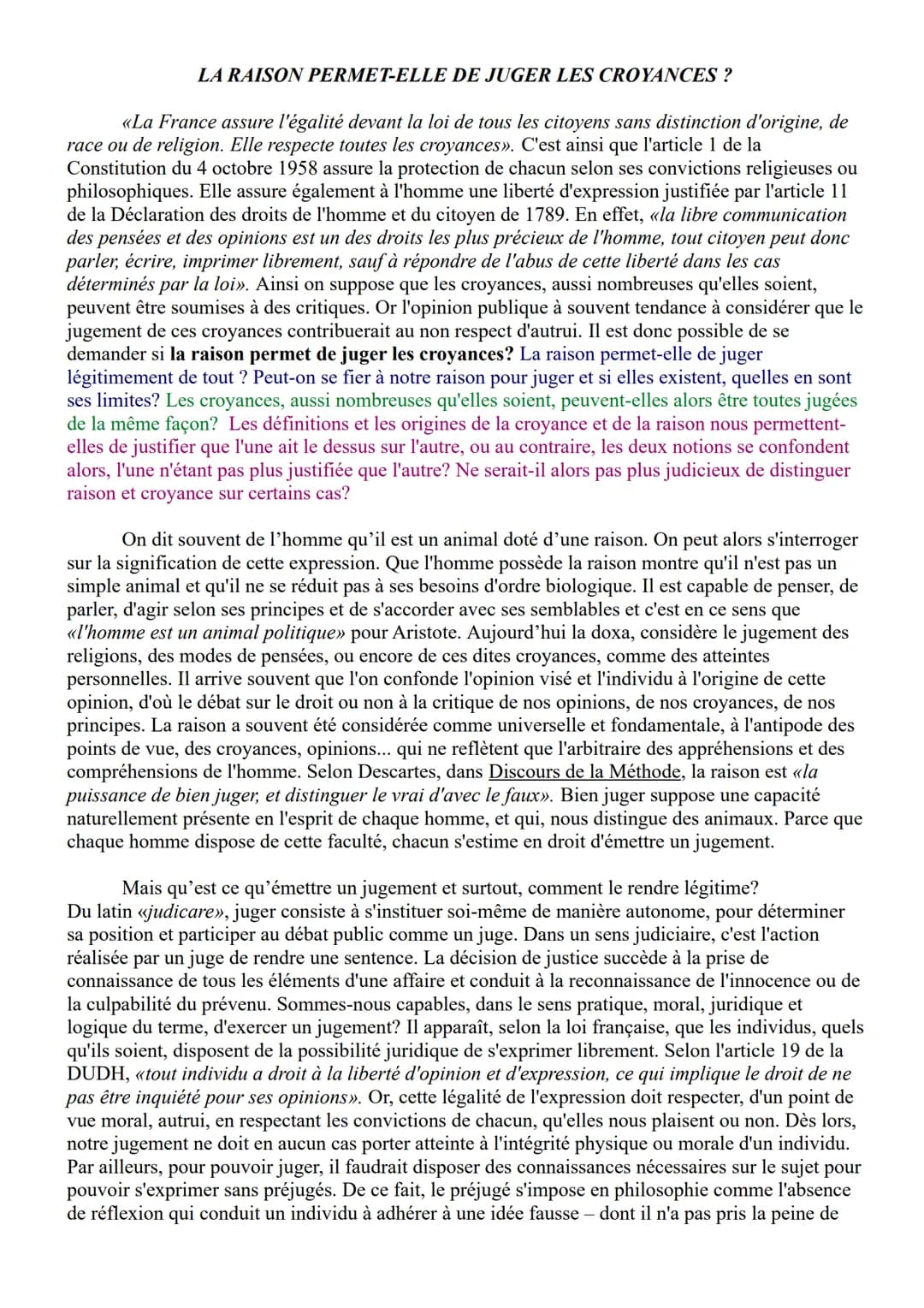 LA RAISON PERMET-ELLE DE JUGER LES CROYANCES ?
«La France assure l'égalité devant la loi de tous les citoyens sans distinction d'origine, de