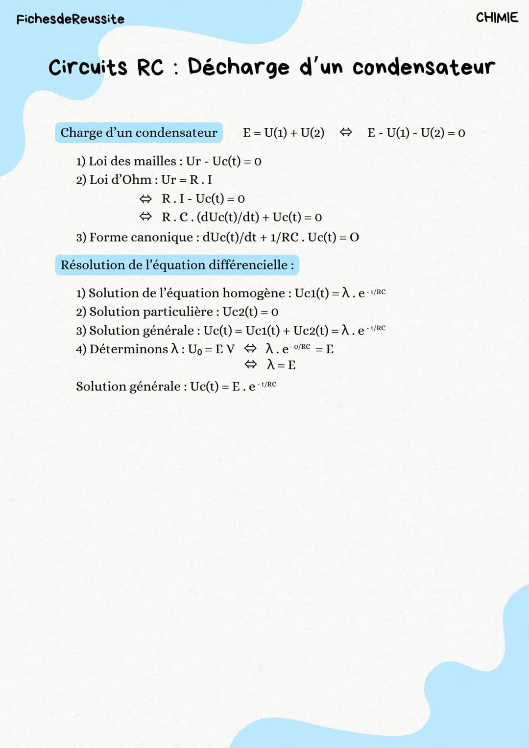 MÉTHODE : Décharge d'un condensateur (Circuits Rc - chimie)