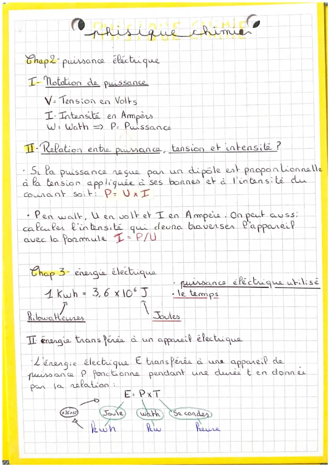 S
✔
phisique chimi
Chap 2-puissance éléctrique
I notation de
Puissance
V: Tension en Volts
I. Intensité en Ampèrs.
W = Wath => P: Puissance
