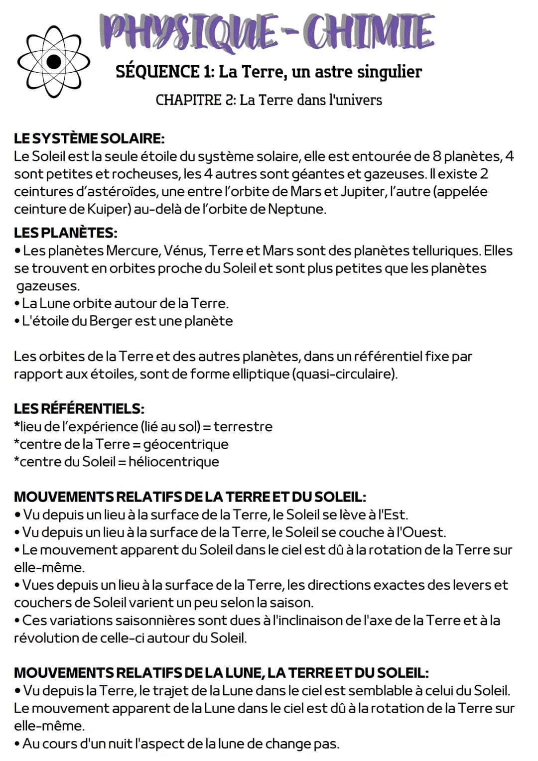 22 PHYSIQUE-CHIMIE
SÉQUENCE 1: La Terre, un astre singulier
CHAPITRE 2: La Terre dans l'univers
LE SYSTÈME SOLAIRE:
Le Soleil est la seule é