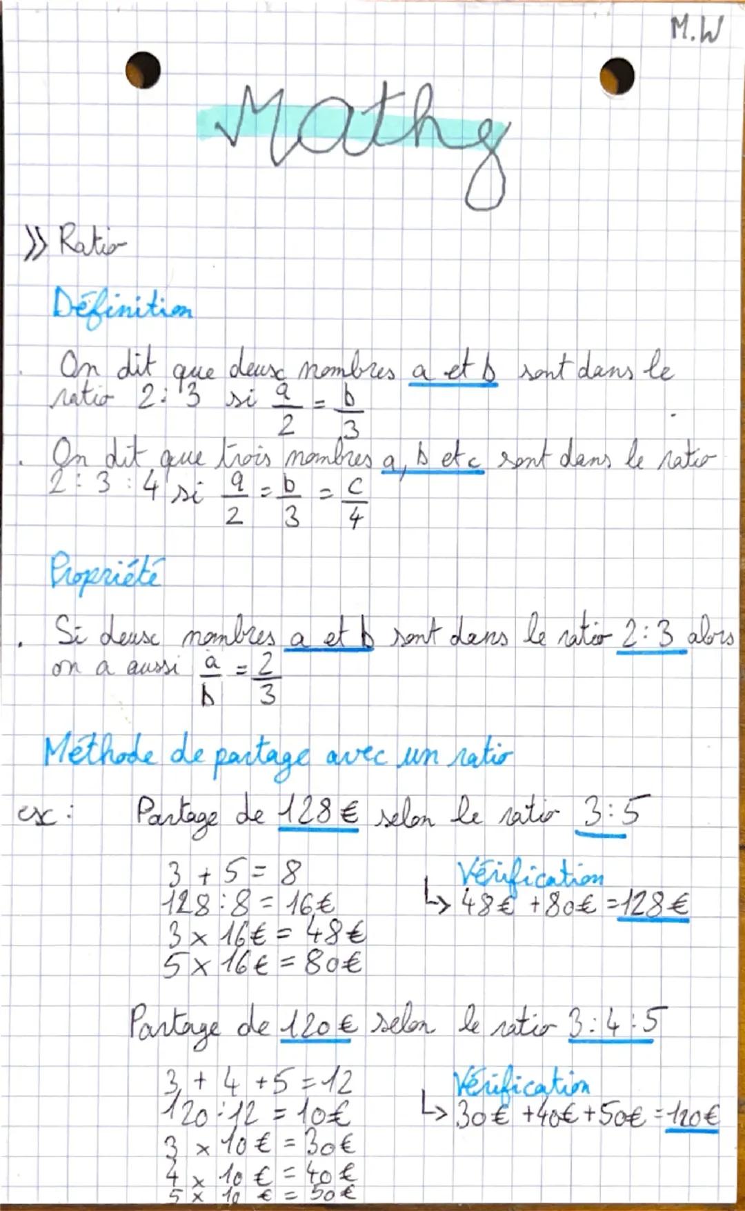 »Ratio
Definition
On
Maths
nate ait que deux nombres a et b sont dans le
ratio =
1
2 3
M.W
On dit que trois mombres a, b et c sent dans le r