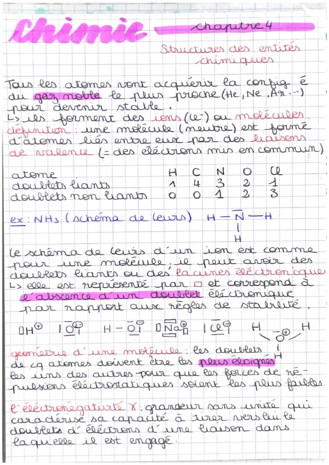 Chimie
Tous les atomes vont acquérir la config é
du gaz noble le plus proche (He, Ne, Ar...)
pour devenir stable.
chapitre 4
Structures des 