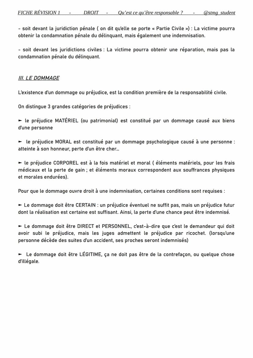 FICHE RÉVISION 1
DROIT
1. RESPONSABILITÉ CIVILE ET RESPONSABILITÉ PÉNALE
La responsabilité pénale d'une personne est engagée lorsque cette p