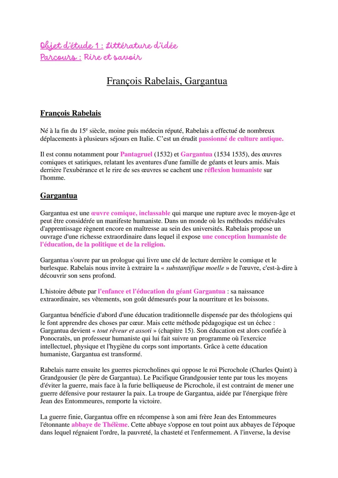 Objet d'étude 1: Littérature d'idée
Parcours: Rire et savoir
François Rabelais, Gargantua
François Rabelais
Né à la fin du 15e siècle, moine