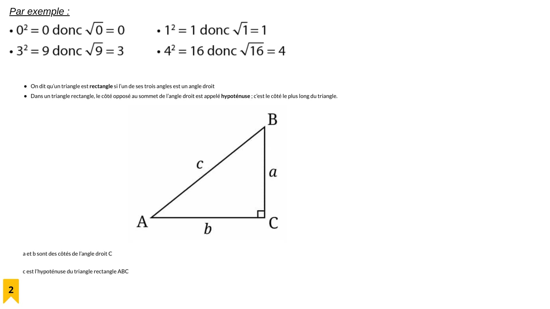 1
THÈME VI: ESPACE ET GEOMETRIE
Chapitre 3 : Théorème de Pythagore
1: Racine carrée d'un nombre positif
Définition :
a désigne un nombre pos