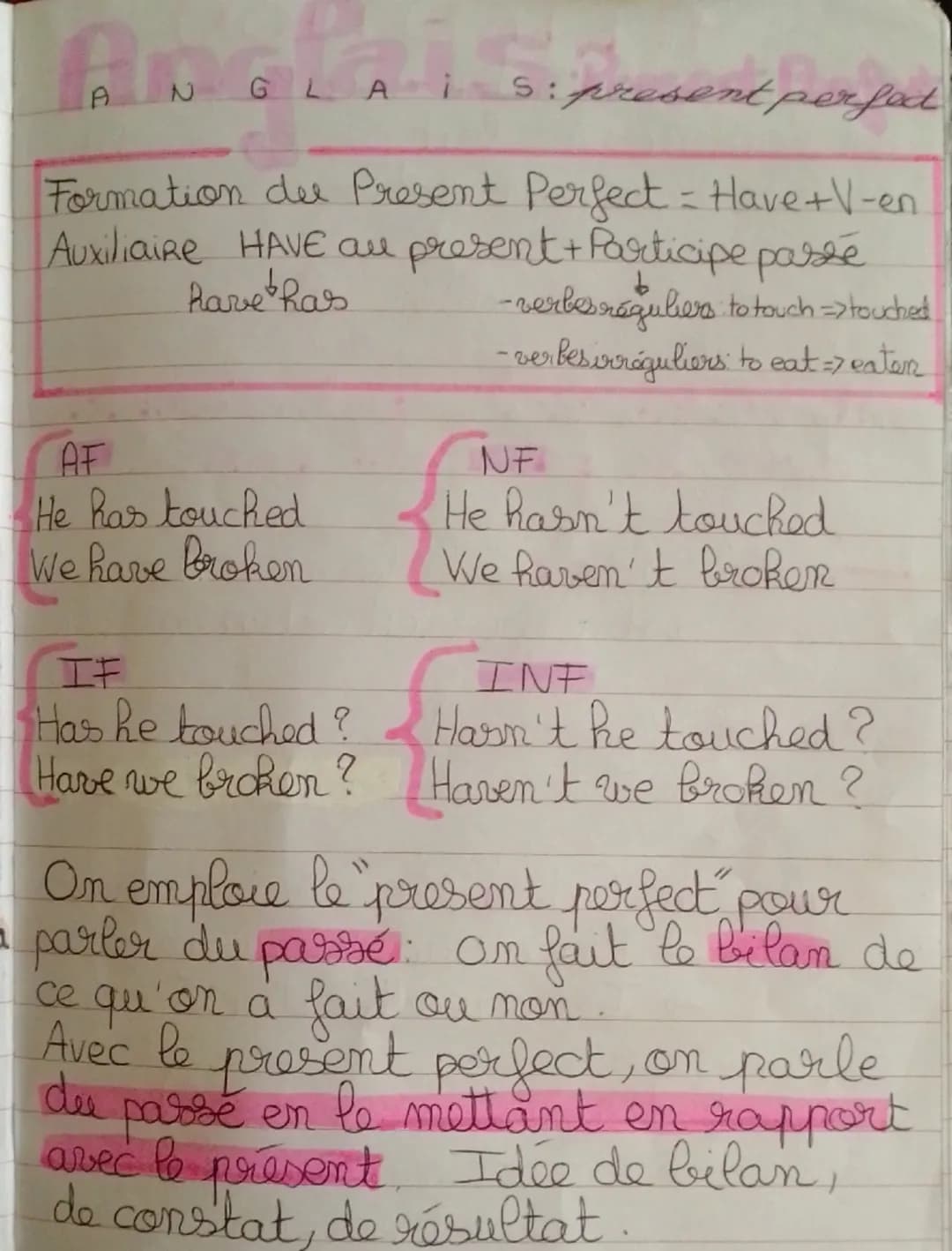 A
2 GL
A
S: present perfect
Formation de Present Perfect = Have+V-en
Auxiliaire HAVE au present + Participe passé
have has
-verbes réguliers