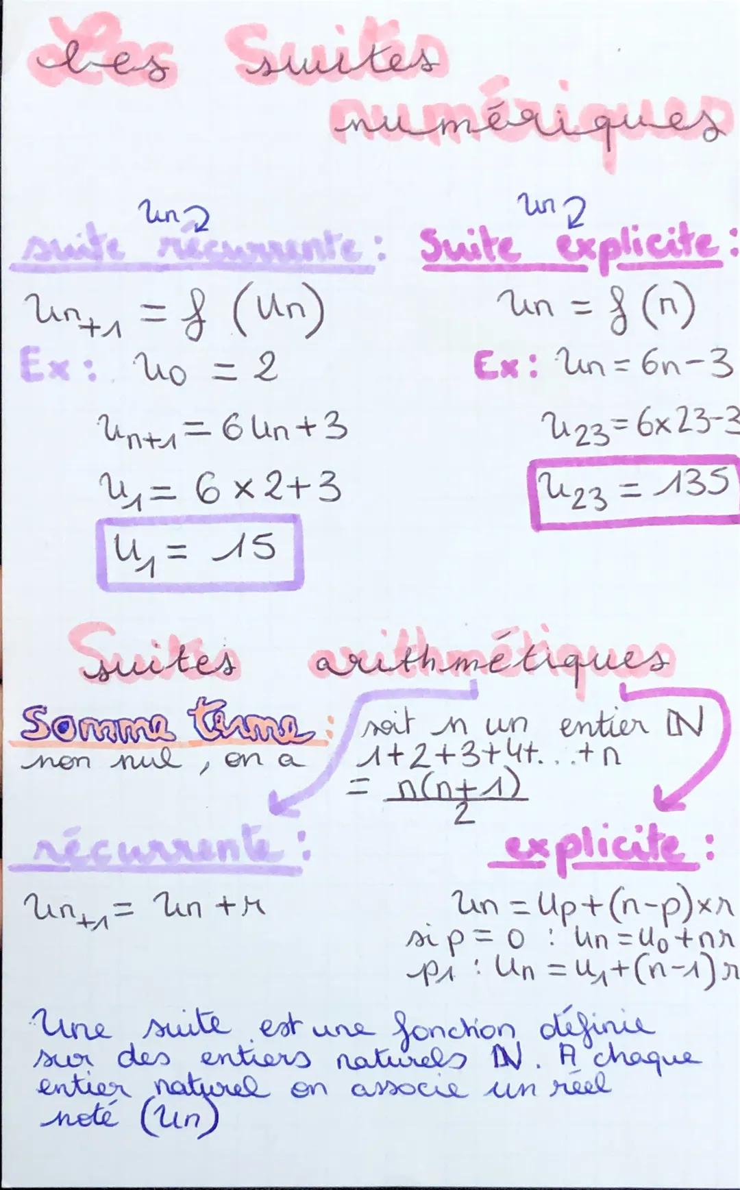 bes Suites
numériques
un2
un 2
suite recurrente: Suite explicite:
un+₁ = f (Un)
un = f(n)
Ex: no = 2
Ex: Un=6n-3
223=6x23-3
23 = 135
Unt₁=64