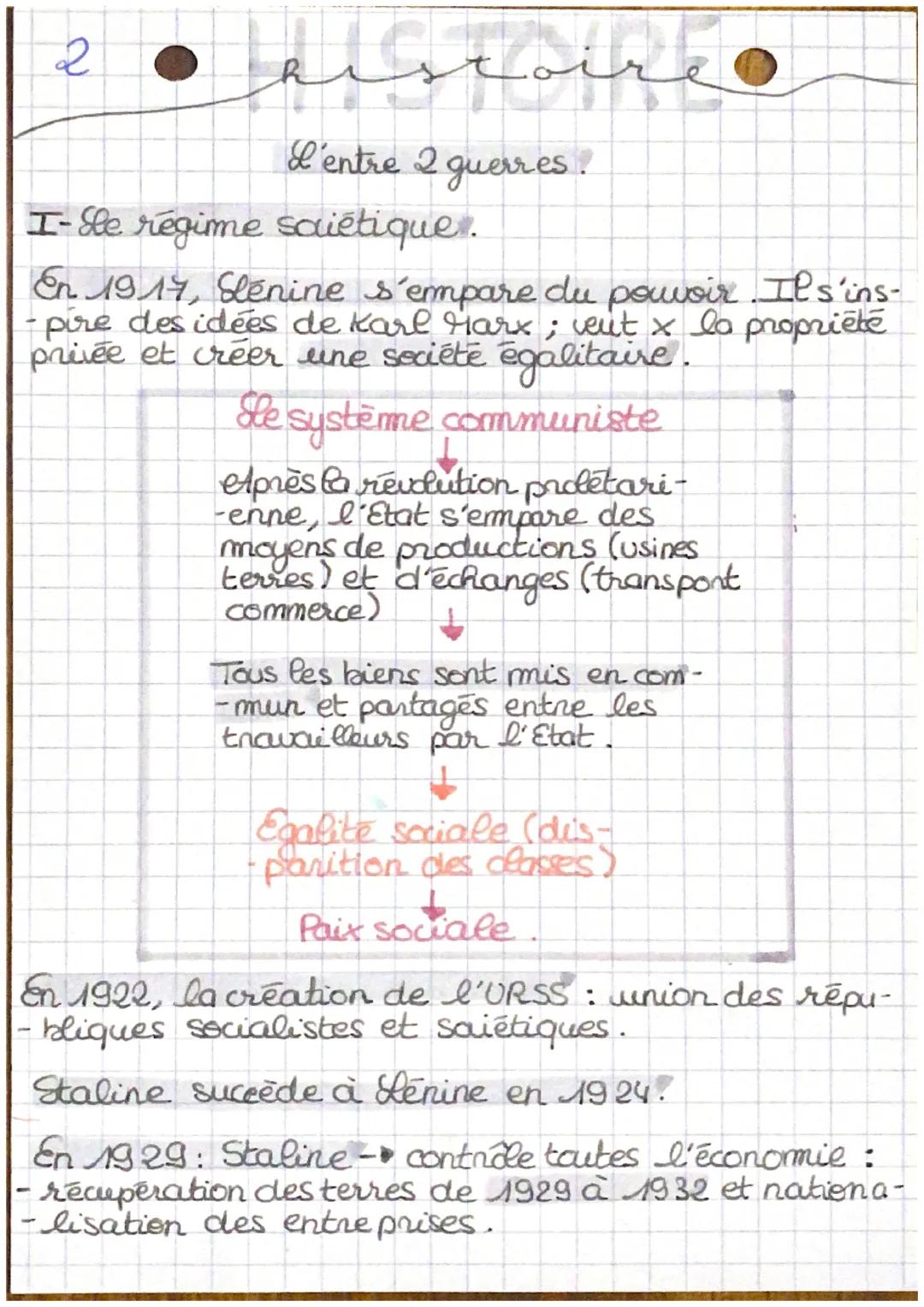 2
# HISTOIRE

d'entre 2 guerres.

I-Sle régime saiétique.

En 1917, Slenine s'empare du pouvoir.Il's'ins-
- pire des idées de Karl Marx; veu