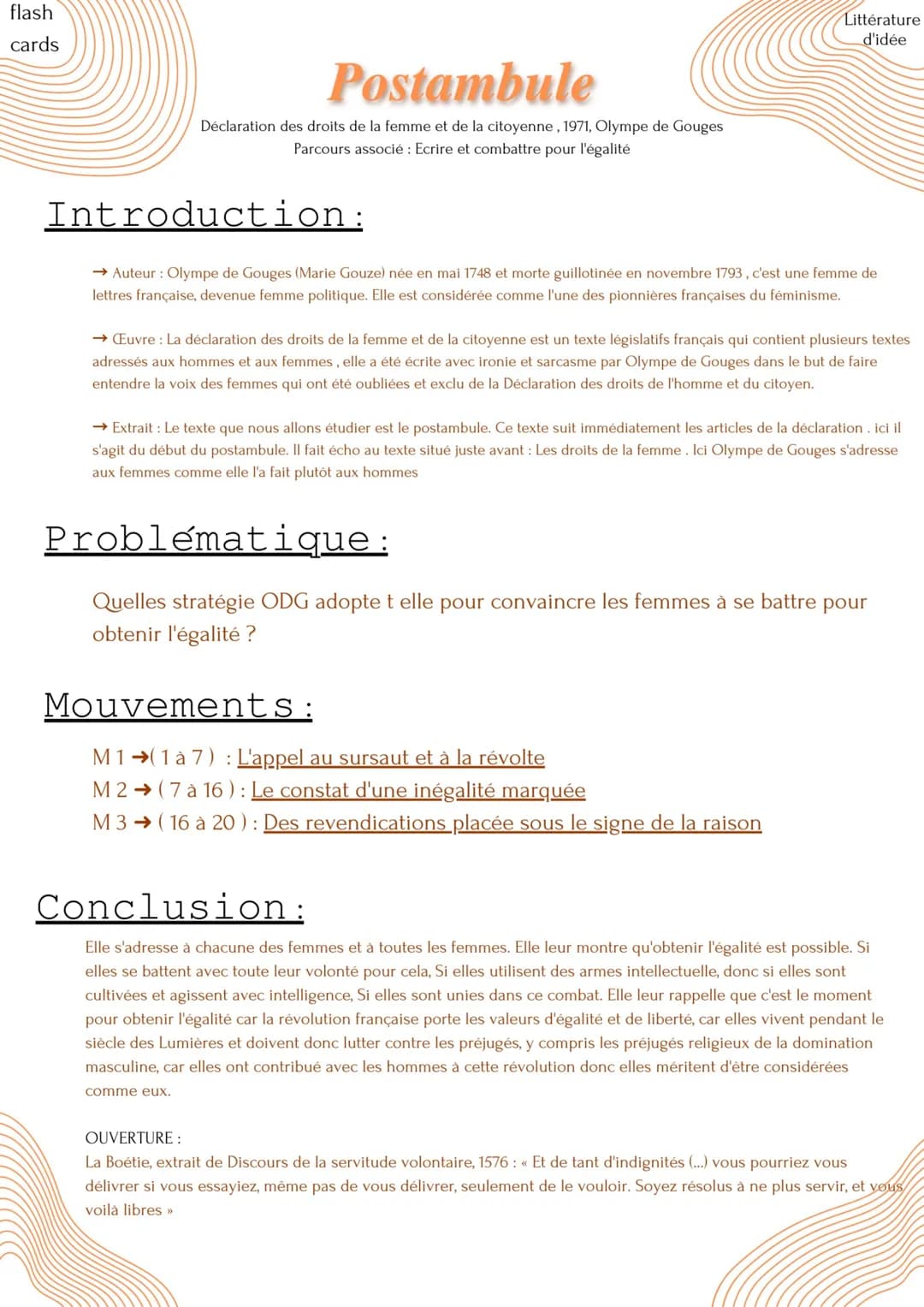 flash
cards
Postambule
Déclaration des droits de la femme et de la citoyenne, 1971, Olympe de Gouges
Parcours associé : Ecrire et combattre 
