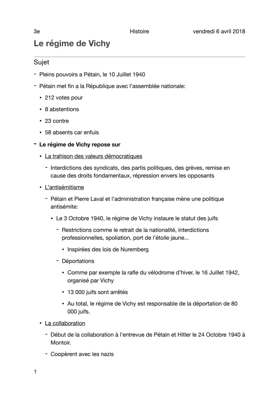 3e
Le régime de Vichy
Sujet
Pleins pouvoirs a Pétain, le 10 Juillet 1940
Pétain met fin a la République avec l'assemblée nationale:
• 212 vo