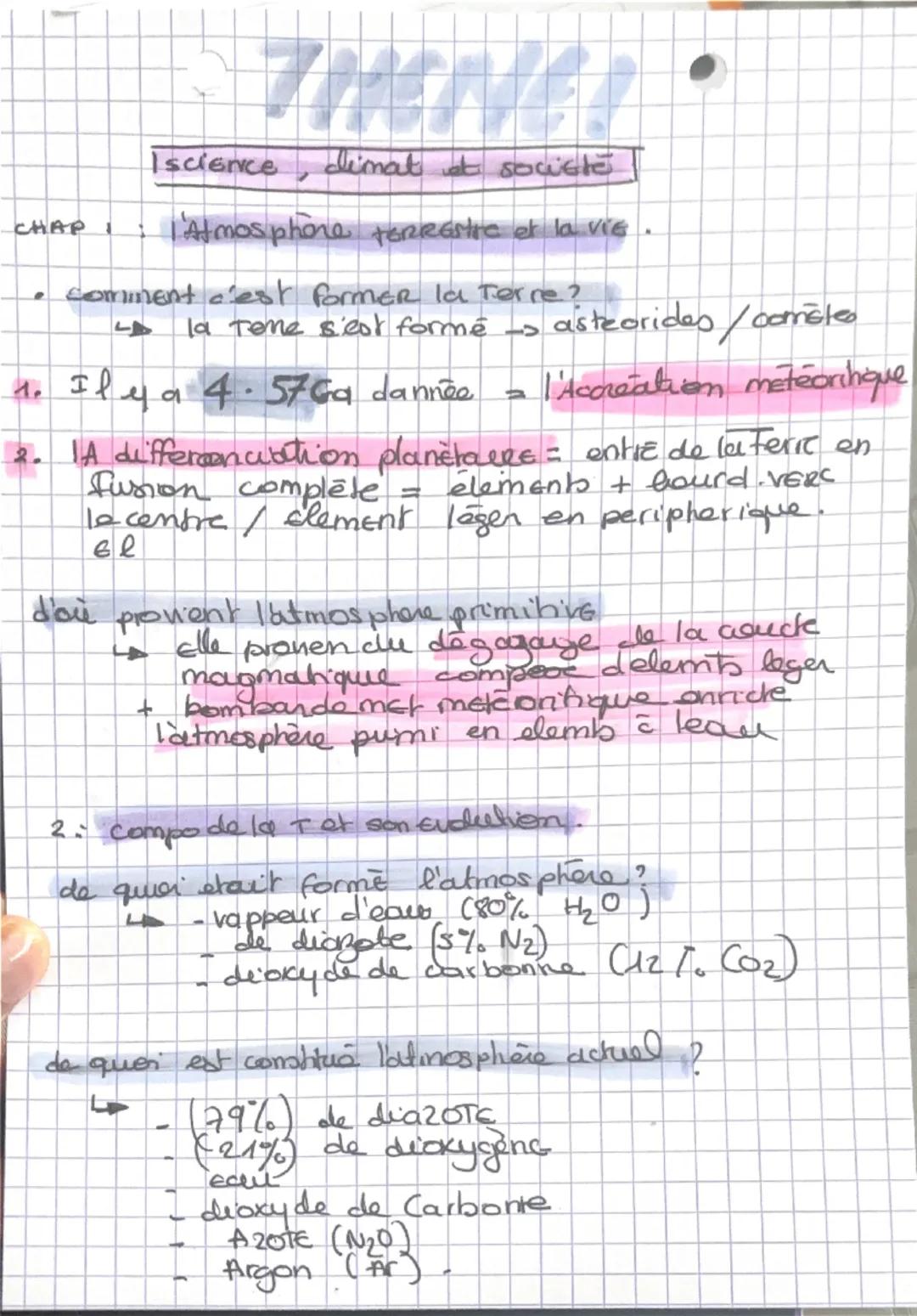 # THEME!

Iscience, dimat et societe

CHAP I : l'Atmosphore terrestre et la vie.

- comment c'est former la Terre?

  La Tene s'est formé - 