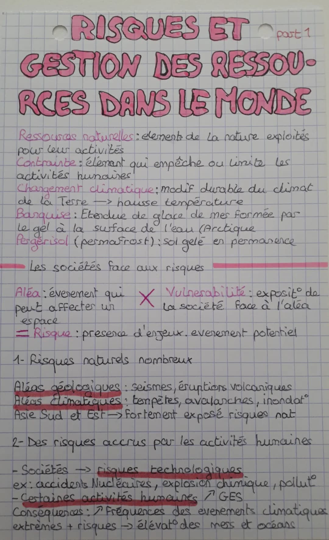 RISQUES ET pat 1
GESTION DES RESSOU-
RCES DANS LE MONDE
Ressources naturelles: element de la nature exploités
pour leur activités
Contrainte