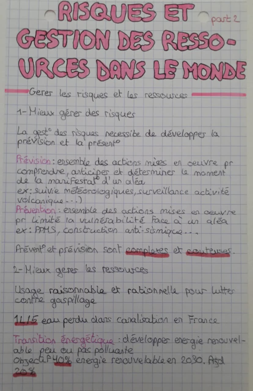 RISQUES ET pat 1
GESTION DES RESSOU-
RCES DANS LE MONDE
Ressources naturelles: element de la nature exploités
pour leur activités
Contrainte
