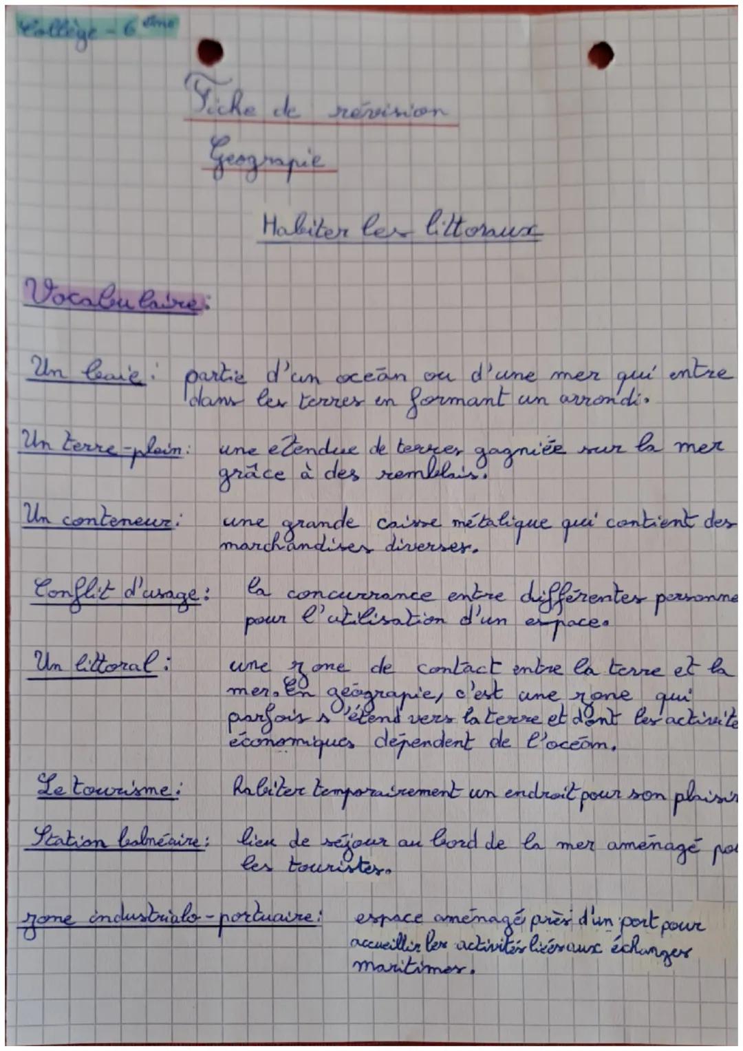 Collège-6 ne

Fiche de révision
Geograpie

Habiter les littoraux

Vocabulaire

Un baie: partie d'un ocean ou d'une mer qui entre
dans les te