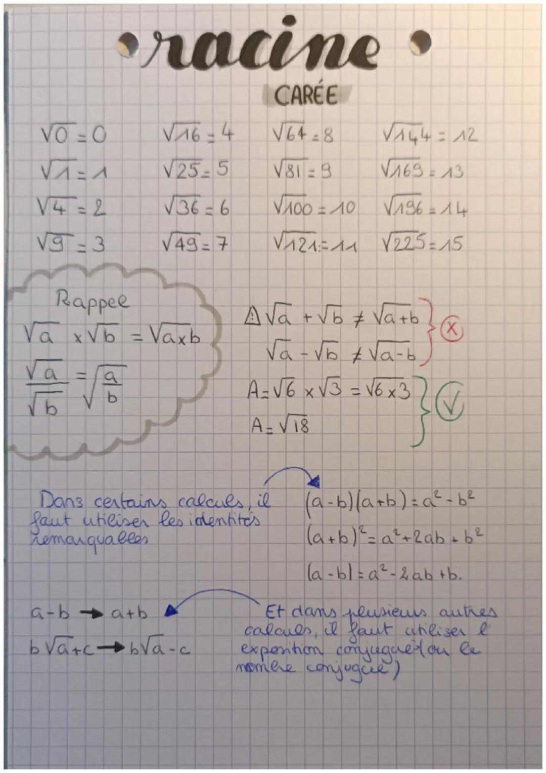VO-O
√1=1
V4=2
√9-3
√
Rappee
Va x√b = Vaxb
=
racine
CAREE
√64=8
√81=8
VA00 = 10
√₁21=11√225=15
وای
√16-4
√25-5
√36=6
√49=7
Dans certains cal
