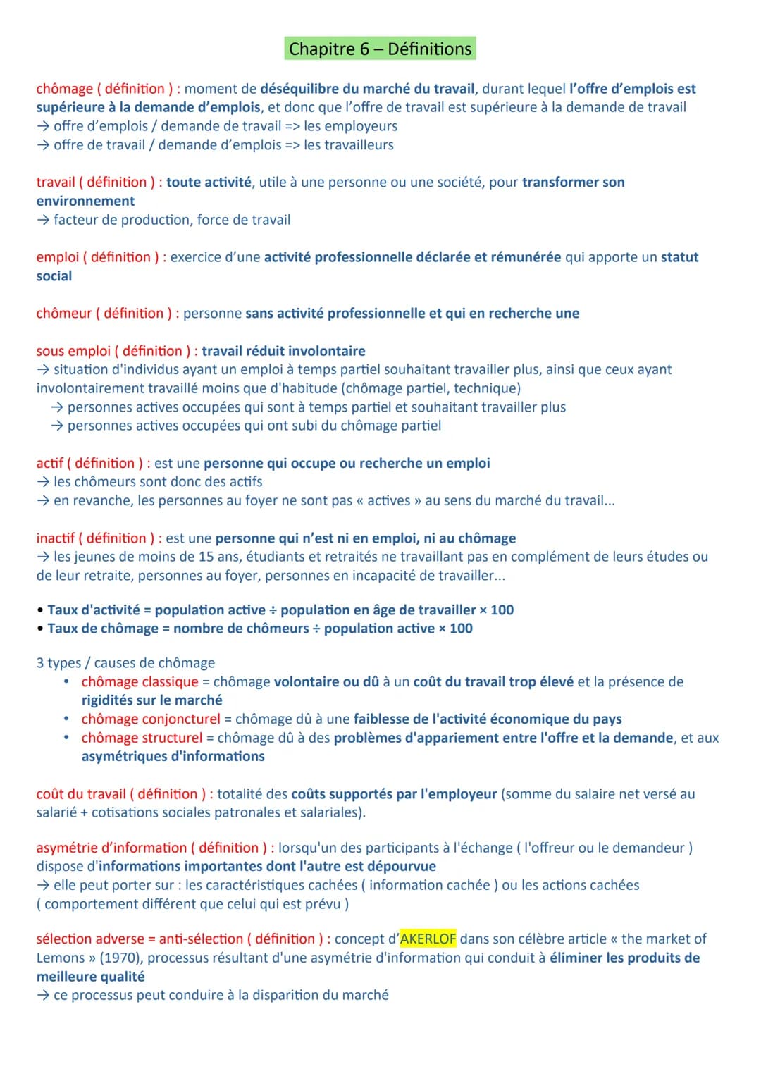 Chapitre 6-
6- Définitions
chômage (définition ) : moment de déséquilibre du marché du travail, durant lequel l'offre d'emplois est
supérieu