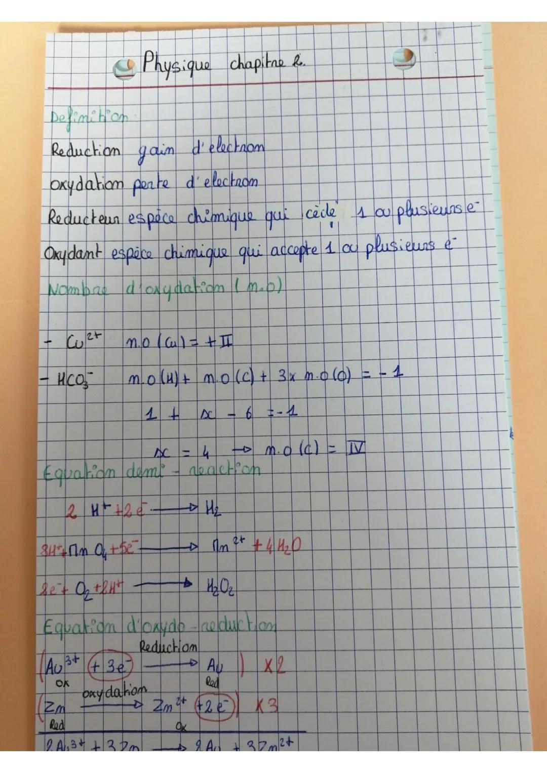 Definition
Reduction gain
d'electron
oxydation perte d'electron
Physique chapitre &..
Cu ²+
- HCO₂
1
Reducteur espèce chimique qui cèle s ou