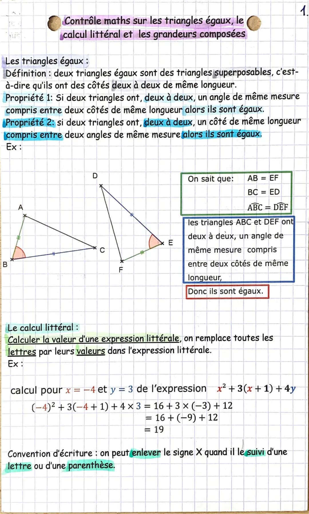Triangles égaux 4ème - Exercices corrigés PDF et Calcul littéral 3ème, 4ème, 5ème - Grandeurs composées exemples et exercices