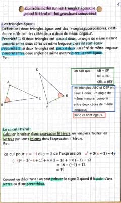 Know fiche maths sur les triangles égaux, le calcul littéral et les grandeurs composées  thumbnail