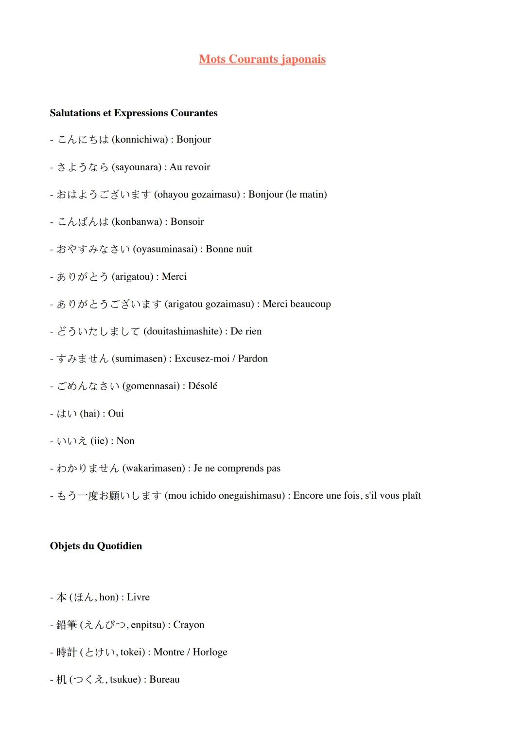 Mots Courants japonais
Salutations et Expressions Courantes
- Ch 151 (konnichiwa): Bonjour
-(sayounara): Au revoir
-(ohayou gozaimasu): Bonj