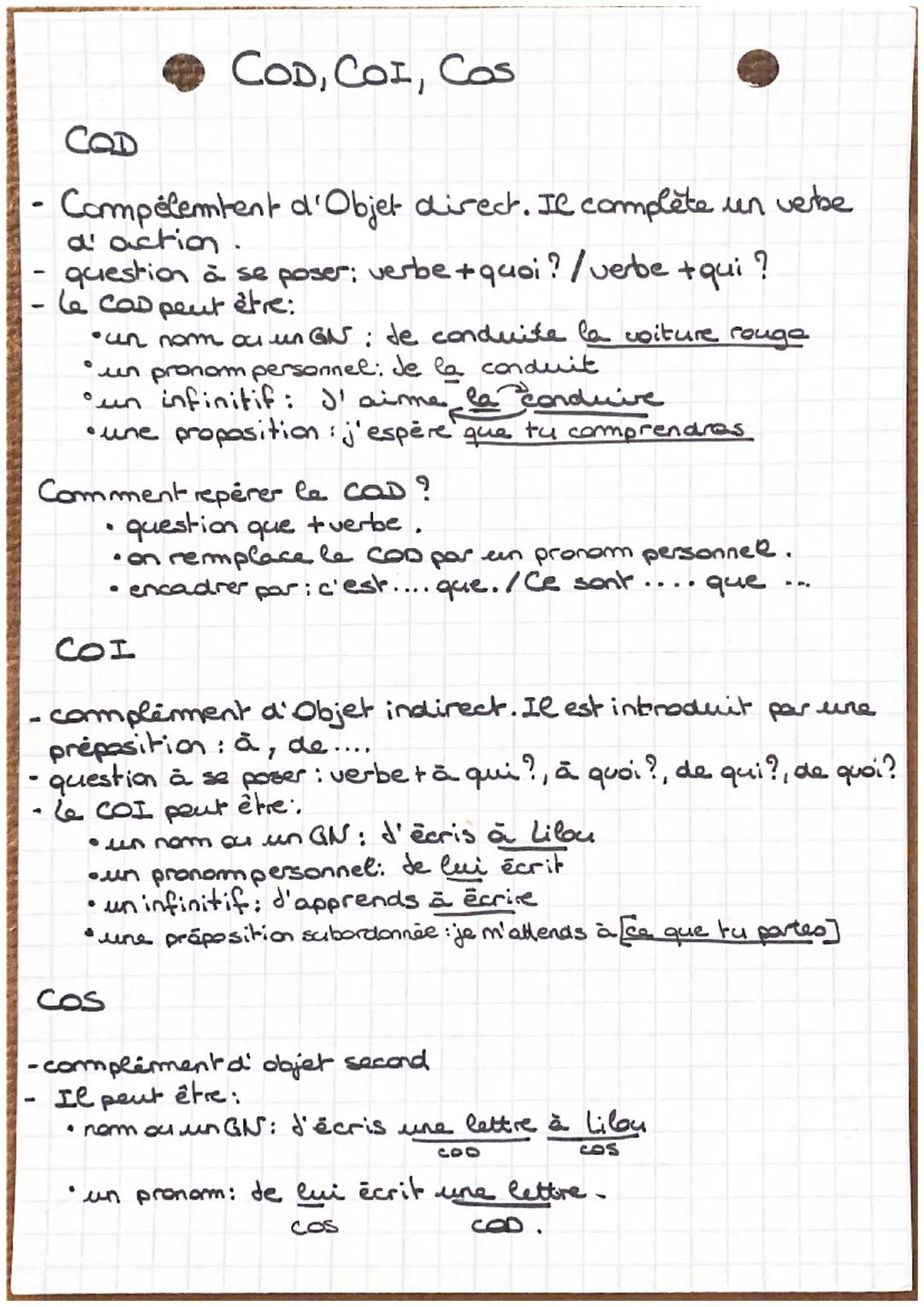 # COD, COI, COS

COD

- Compelemtent d'Objet direct. Il complète un verbe
a' action
- question à se poser: verbe + quoi? / verbe + qui?
- La