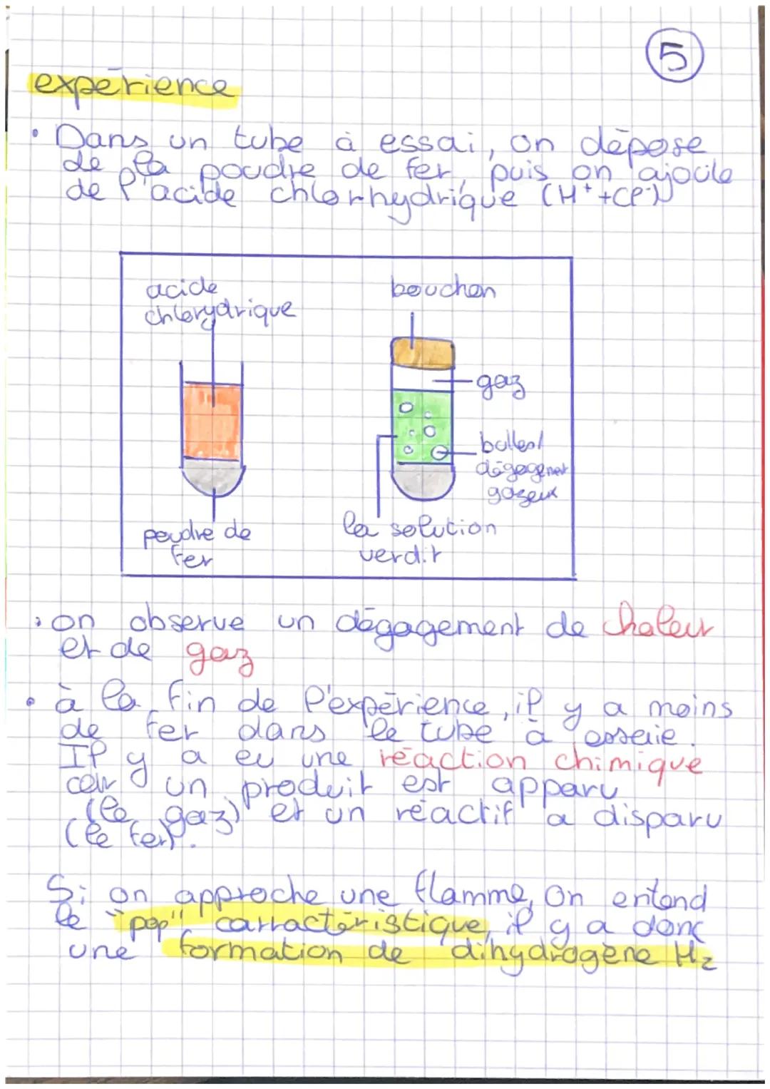 experience

Dans un tube à essai, on dépose
de pla poudre de fer, puis von ajoule
de l'acide chlo
acide
+CP
chlorhydrique (H++C
bouchen
chle
