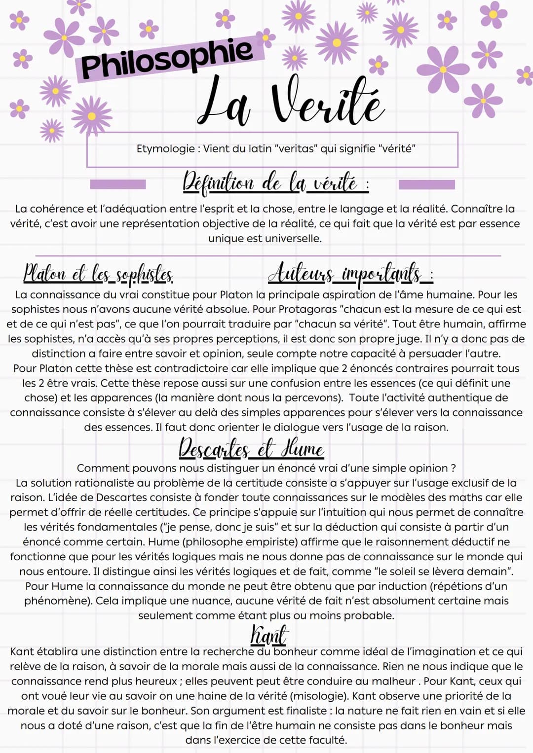 Philosophie
La Verite
Etymologie: Vient du latin "veritas" qui signifie "vérité"
Définition de la vérité :
La cohérence et l'adéquation entr