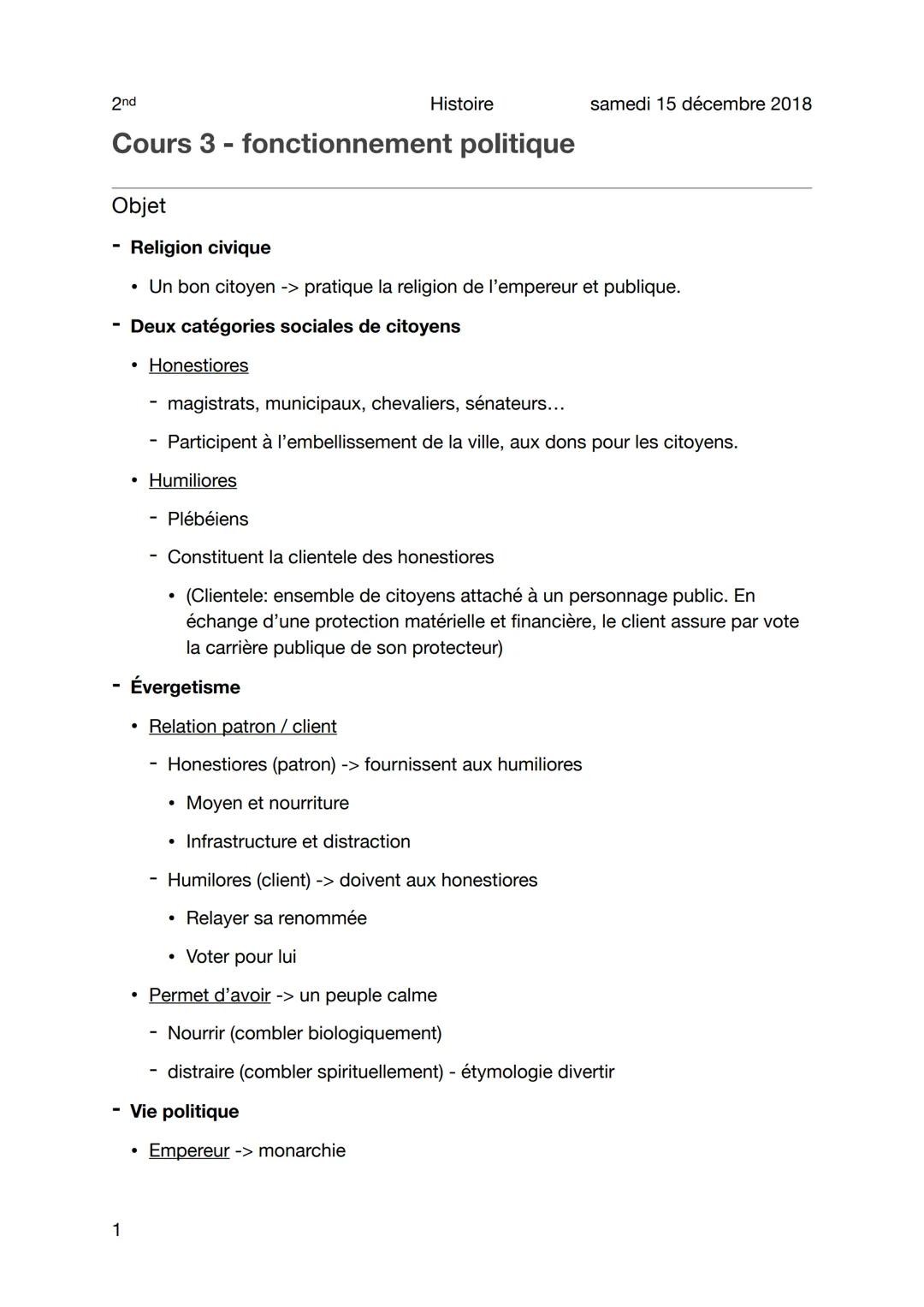 2nd
Cours 3 - fonctionnement politique
Objet
Religion civique
• Un bon citoyen -> pratique la religion de l'empereur et publique.
- Deux cat