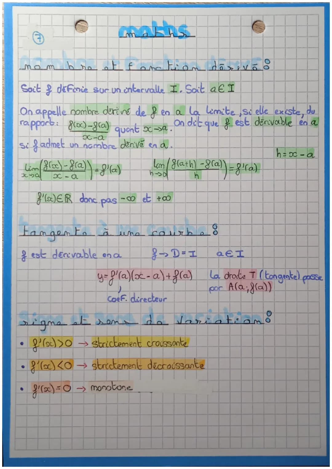 maths
nombre et fonction derivã
Soit & définie sur un intervalle I. Soit a € I
On appelle nombre dérivé de f en a la limite, si elle existe,