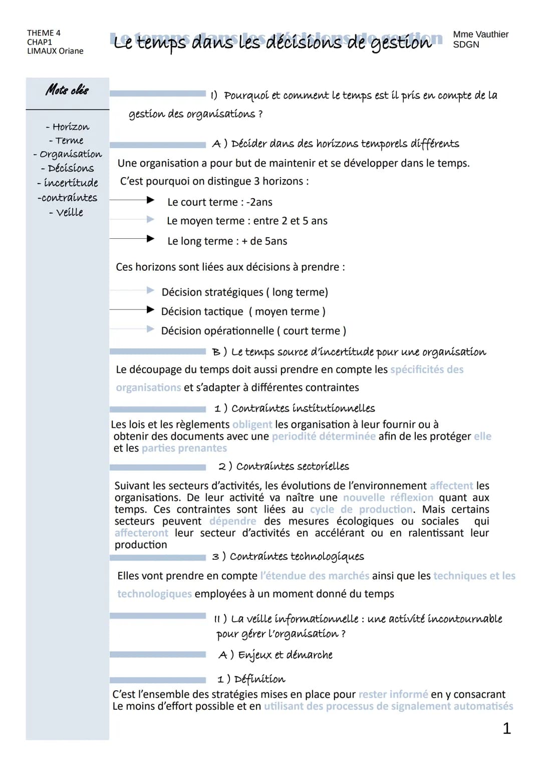 THEME 4
CHAP1
LIMAUX Oriane
Mots clés
- Horizon
· Terme
- Organisation
- Décisions
- incertitude
-contraintes
- Veille
Mme Vauthier
Le temps